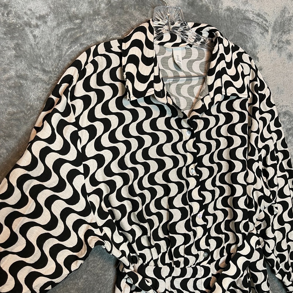 H&M Women Tie Belt Shirt Dress L Retro Wave Print Psychedelic Monochrome Relaxed